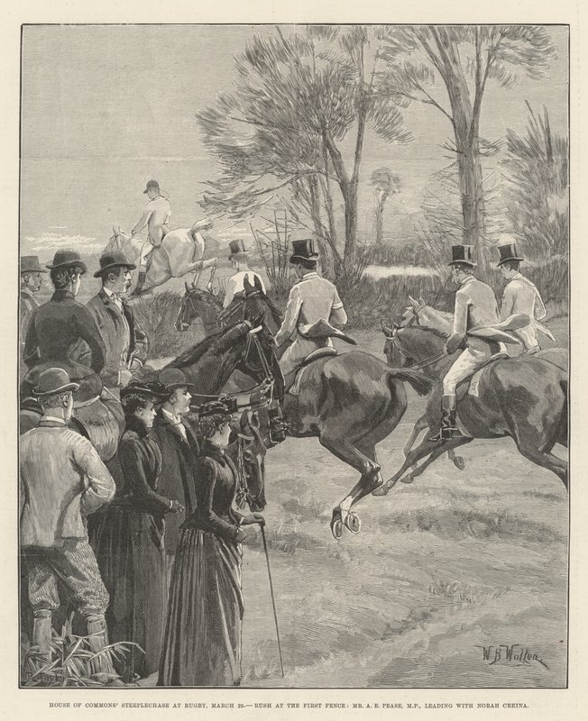 Alahuoneen estejuoksu rugbyssa, 29. maaliskuuta, Rush at the First Fence, herra A E Pease, kansanedustaja, johtaa Norah Creinan kanssa tekijältä William Barnes Wollen