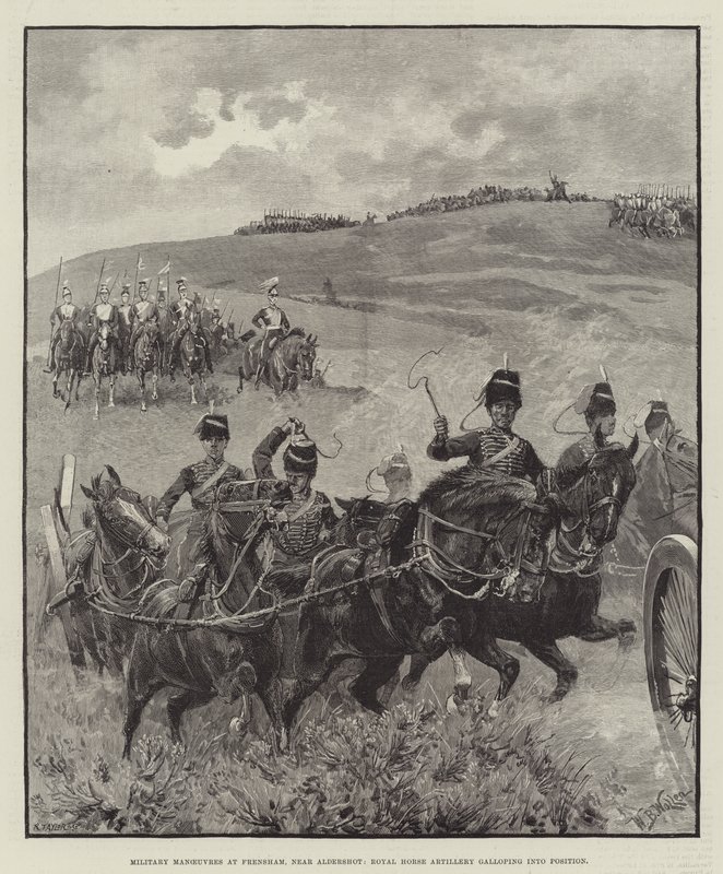Sotilasliikkeet Frenshamissa, lähellä Aldershotia, Royal Horse Artillery laukkaa asemaan tekijältä William Barnes Wollen