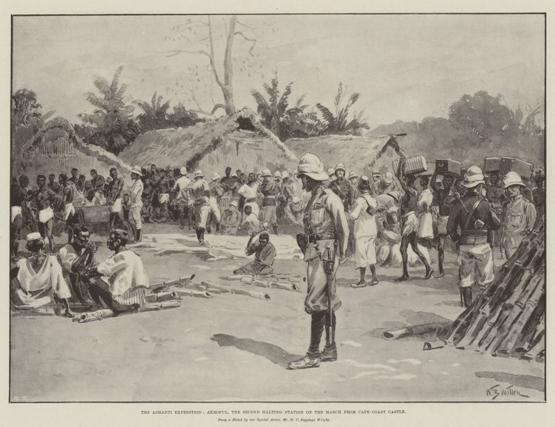 Ashantien retkikunta, Akroful, toinen pysähdyspaikka Cape Coastin linnasta lähteneellä marssilla. tekijältä William Barnes Wollen