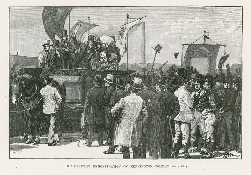 Chartistien mielenosoitus Kennington Commonilla Lontoossa tekijältä William Barnes Wollen