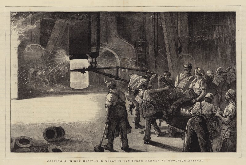 Working a Night Heat, suuri 35 tonnin höyryvasara Woolwich Arsenalissa tekijältä William Bazett Murray