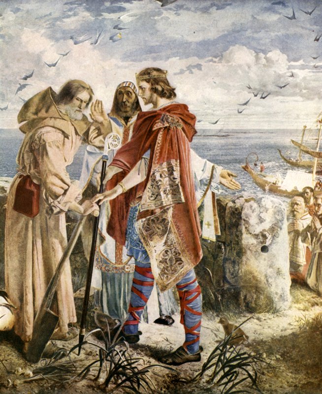 Egfrith tarjoaa Hexhamin piispanistuimen Cuthbertille, 678. tekijältä William Bell Scott