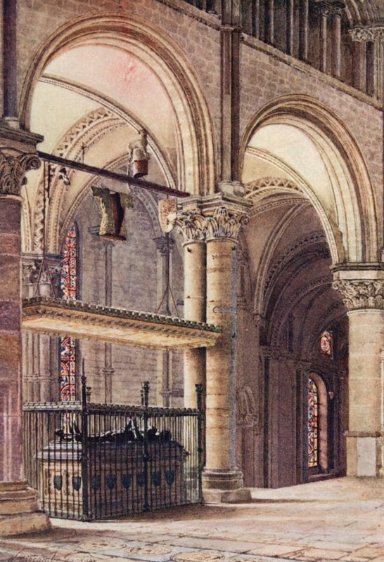 Edward Mustan prinssin hauta Trinity Chapelissa, Canterburyn katedraali (värilitografia). tekijältä William Biscombe Gardner