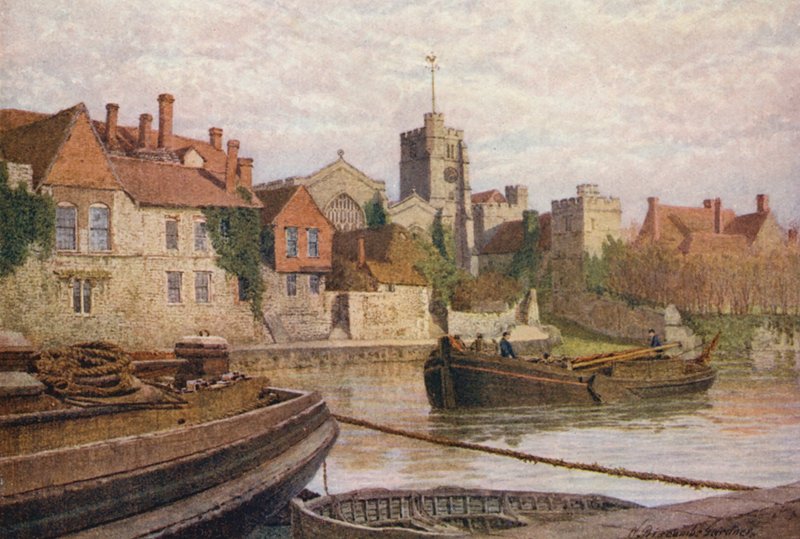 Maidstone, muinaisen palatsin, kirkon ja vanhan kollegion takaosa Medwayn poikki (värilitografia). tekijältä William Biscombe Gardner