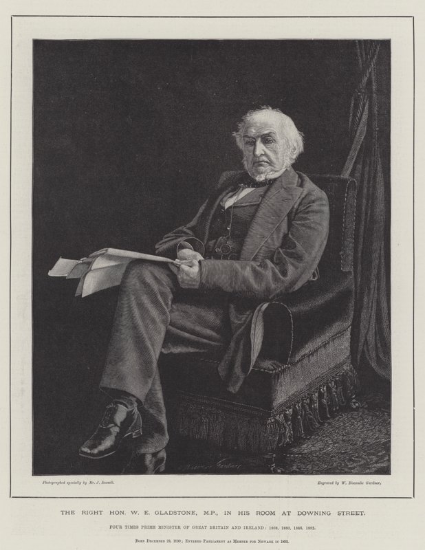 Oikea arvoisa W E Gladstone, kansanedustaja, huoneessaan Downing Streetillä tekijältä William Biscombe Gardner
