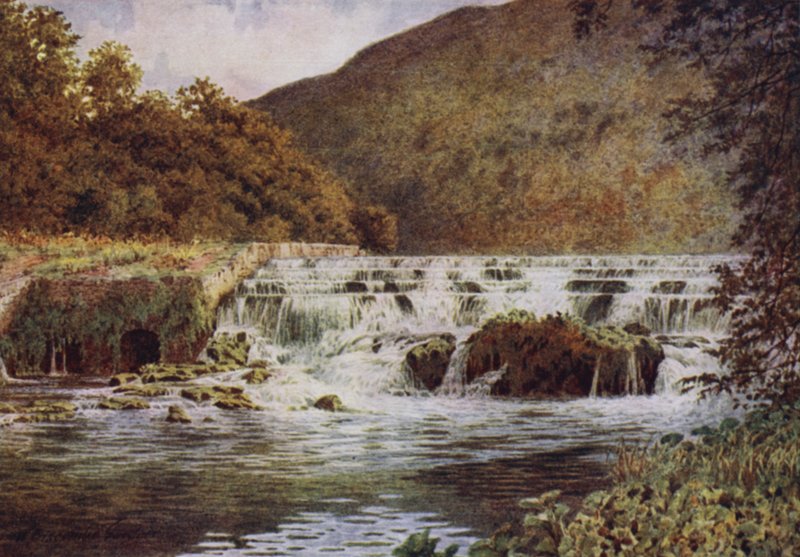 Vesiputous, Monsal Dale (väri litho) tekijältä William Biscombe Gardner