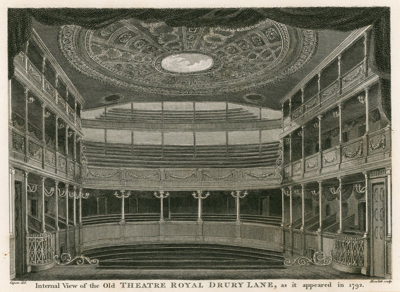Sisäkuva vanhasta Theatre Royalista, Drury Lanesta Lontoossa, sellaisena kuin se ilmestyi vuonna 1792 tekijältä William Capon