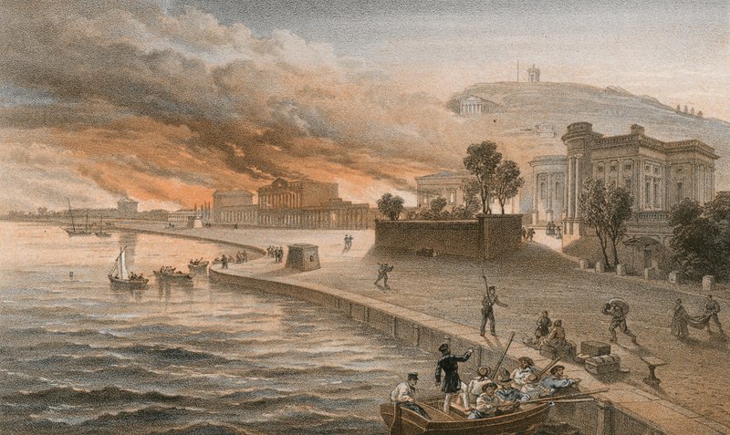 Hallitusrakennusten polttaminen Kertchissä, 9. kesäkuuta 1855 tekijältä William Crimea Simpson