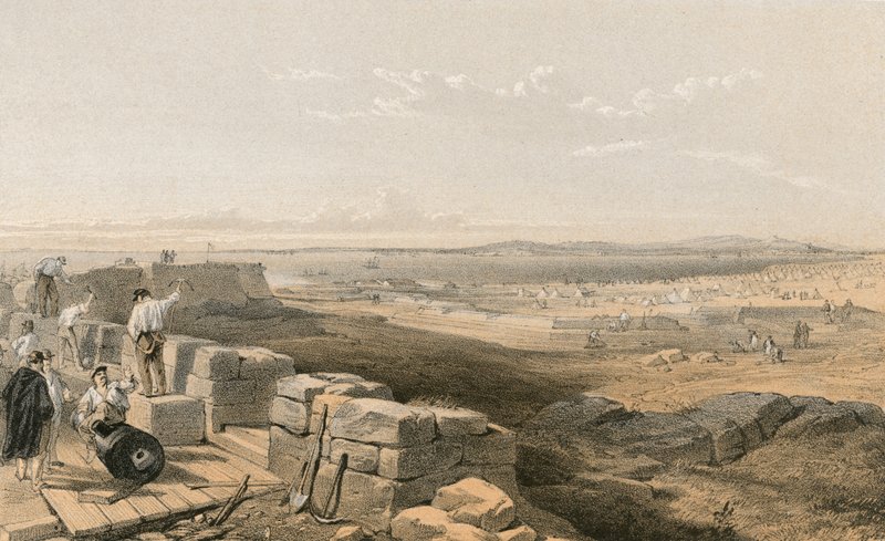 Yenikalen salmi lahden ja Kertchin kaupungin kanssa Yenikalen vanhasta linnoituksesta tekijältä William Crimea Simpson