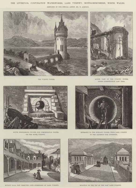 Liverpool Corporationin vesilaitos, Vyrnwy-järvi, Montgomeryshire, Pohjois-Wales tekijältä William Crimea Simpson