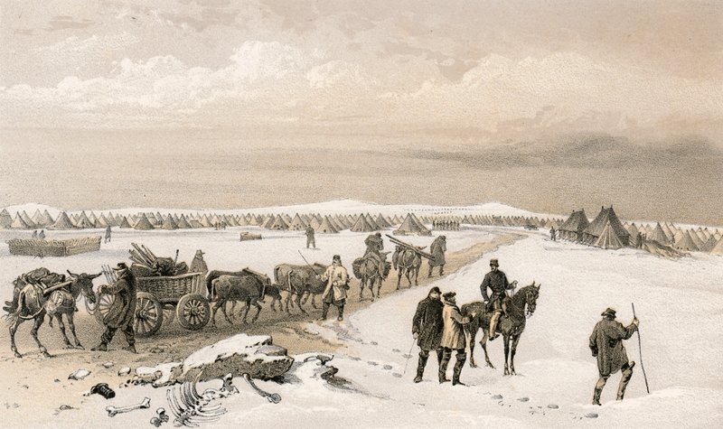 1. divisioonan leiri, katsoen pohjoiseen kohti 2. divisioonan leiriä, Inkermannin korkeuksia kaukana tekijältä William Crimea Simpson
