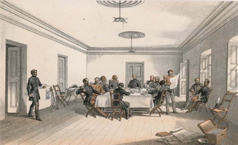 Lord Raglanin päämajan sisätilat, sotaneuvosto tekijältä William Crimea Simpson