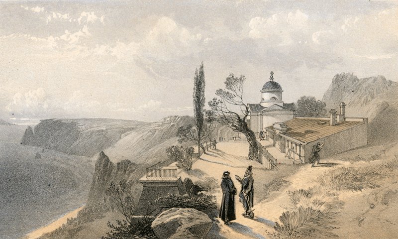 Pyhän Yrjön luostari ja Cape Fiolente, katsoen länteen tekijältä William Crimea Simpson