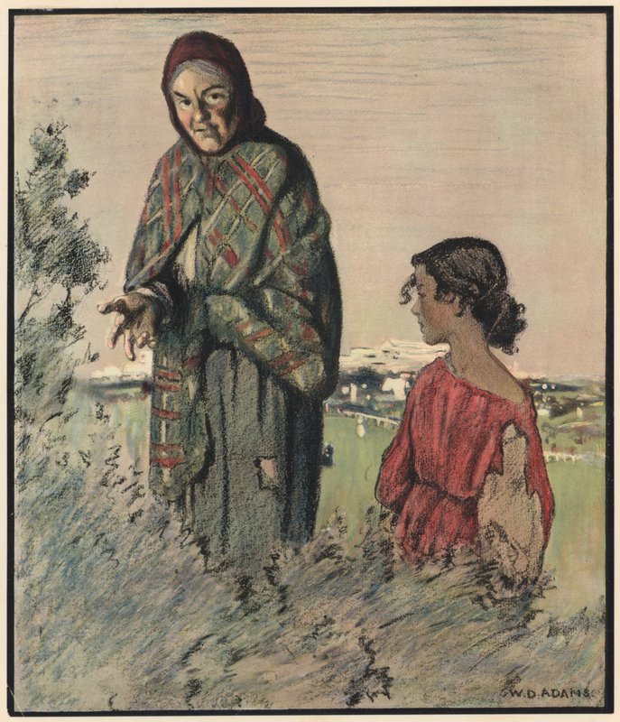 Mustalainen, "Kerro omaisuutesi, kaunis herrasmies" (väri litho) tekijältä William Dacres Adams