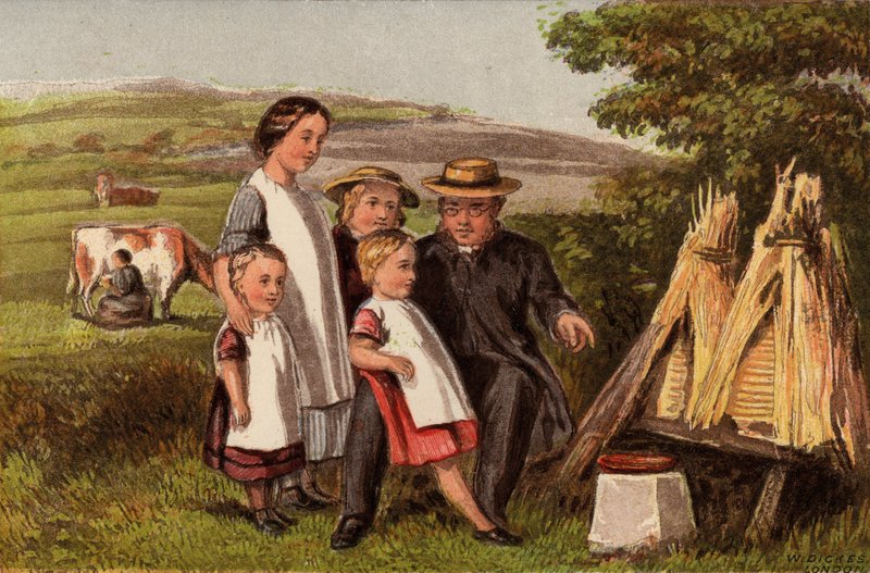Toimiala: perhe maaseudulla mehiläispesien kanssa (chromolitho) tekijältä William Dickes