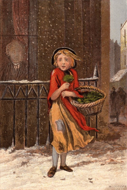 Köyhä tyttö myy vesikrassia lumisella kadulla (chromolitho) tekijältä William Dickes