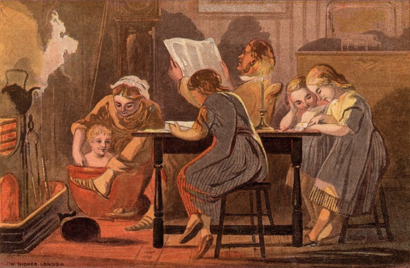 Lauantai-ilta: perhe lukemassa ja viihdyttämässä itseään illalla (chromolitho) tekijältä William Dickes