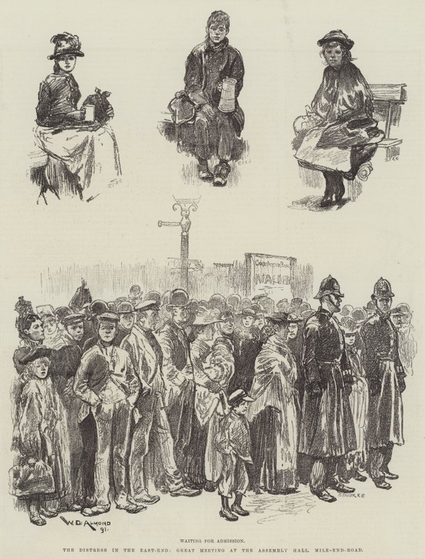 Hätä itäpäässä, suuri kokous konventtisalissa, Mile-End-tie tekijältä William Douglas Almond