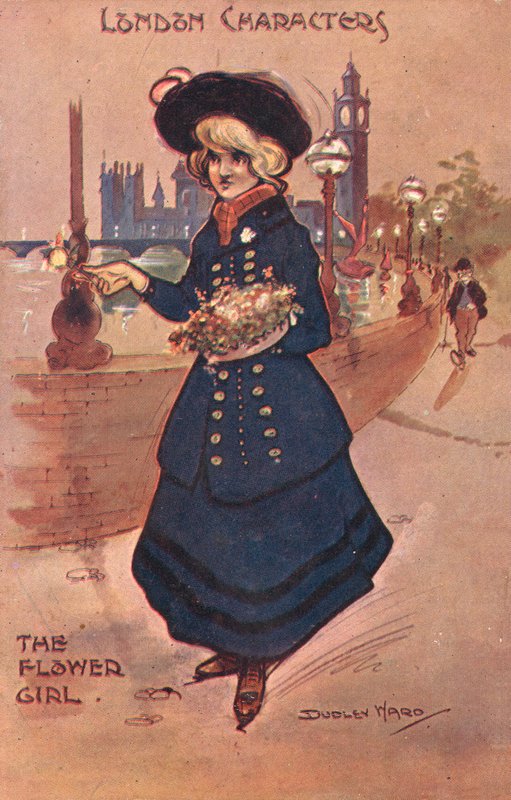 Lontoon hahmot: kukkatyttö (väri litho) tekijältä William Dudley Ward