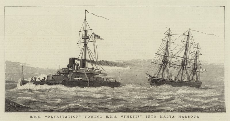 HMS Devastation hinaa HMS Thetisin Maltan satamaan tekijältä William Edward Atkins
