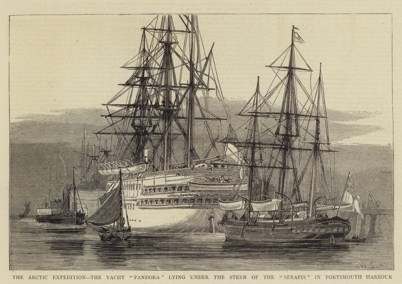 Arktinen retkikunta, Yacht Pandora makaamassa Serapisin perän alla Portsmouthin satamassa tekijältä William Edward Atkins