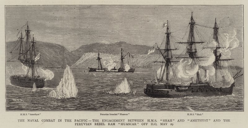 Merivoimien taistelu Tyynellämerellä, HMS Shahin ja Amethystin ja Perun kapinallisen Ram Huascarin välinen taistelu Ilon edustalla, 29. toukokuuta tekijältä William Edward Atkins