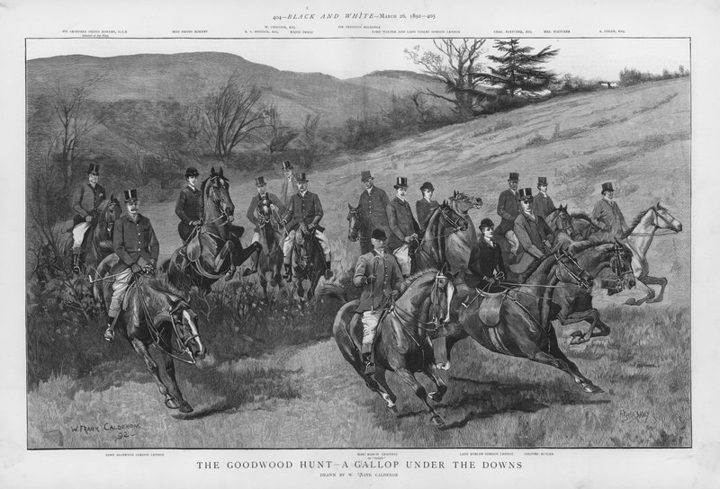 Goodwood Hunt - laukka Sussex Downsin alla (litho) tekijältä William Frank Calderon