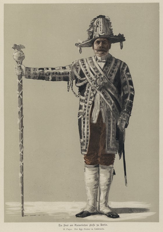 Kuninkaallinen ovenvartija gaala-asussa juhlissa Saksan keisarillisen hovin Berliinissä (värillinen kaiverrus) tekijältä William Friedrich Georg Pape