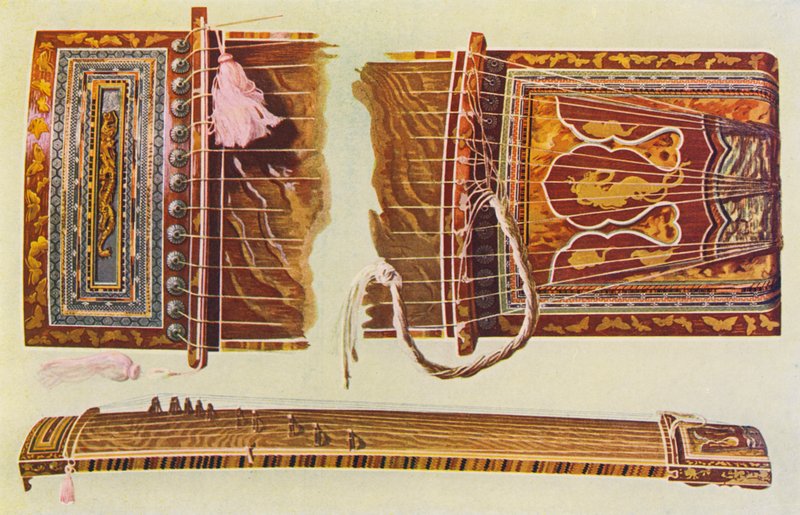 Soittimet: Japanilainen koto (värilitografia) tekijältä William Gibb