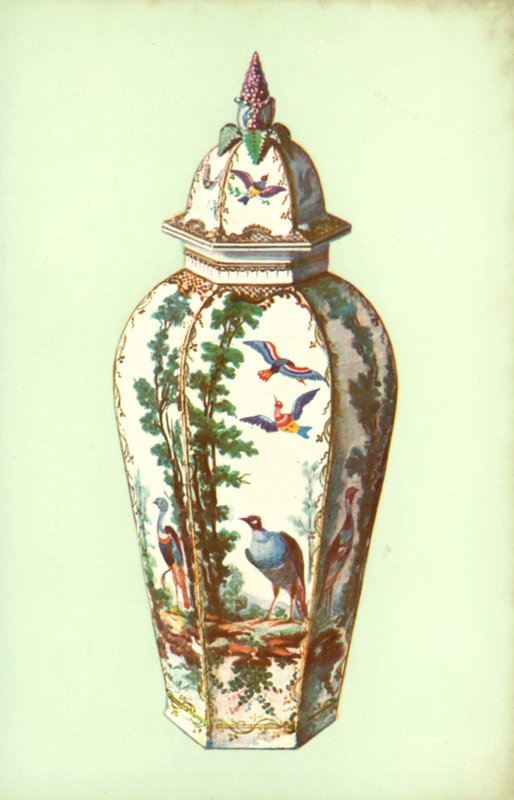 Maljakko, Bristol, eksoottisilla lintuilla (väri litho) tekijältä William Gibb
