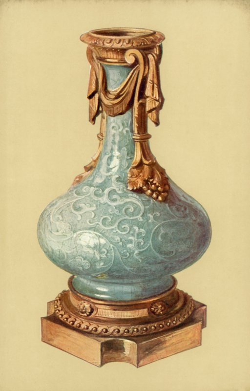Maljakko, kiinalainen Celadon Ware Louis XVI:n kanssa, Ormolu Mount (väri litho) tekijältä William Gibb