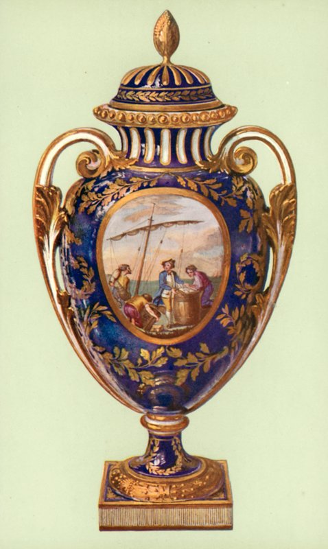 Maljakko, Sevres, bleu de roi, Kustaa III antoi Katariina II:lle (väri litho) tekijältä William Gibb