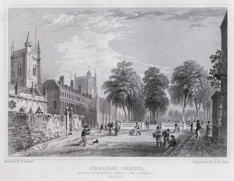 College Green, St Augustinuksen kirkko ja katedraali, Bristol (kaiverrus) tekijältä William H. Bartlett