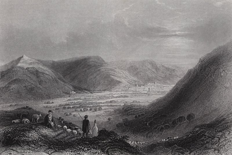 Gerizim-vuori ja Nablouksen laakso Ebal-vuorelta (kaiverrus) tekijältä William H. Bartlett