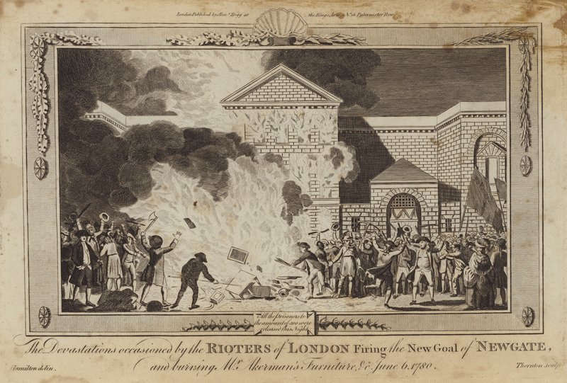 Lontoon mellakoitsijoiden aiheuttamat tuhot, kun he ampuivat Newgaten uutta vankilaa. tekijältä William Hamilton