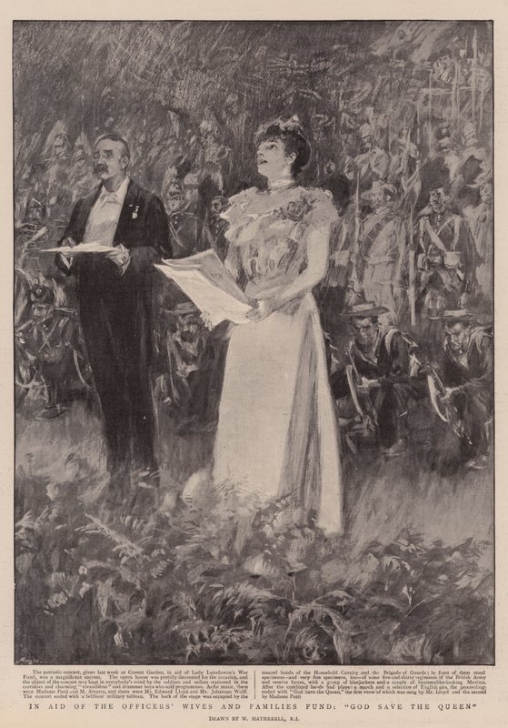 Upseerien vaimojen ja perheiden rahaston hyväksi, God Save the Queen (Jumala suojele kuningatarta) tekijältä William Hatherell