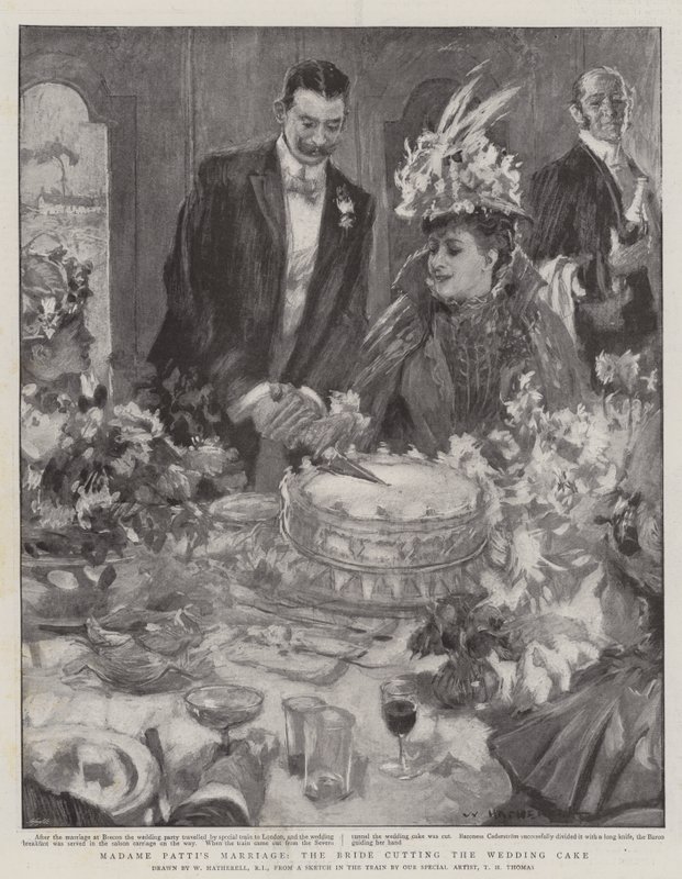Madame Pattin avioliitto, morsian leikkaamassa hääkakkua tekijältä William Hatherell
