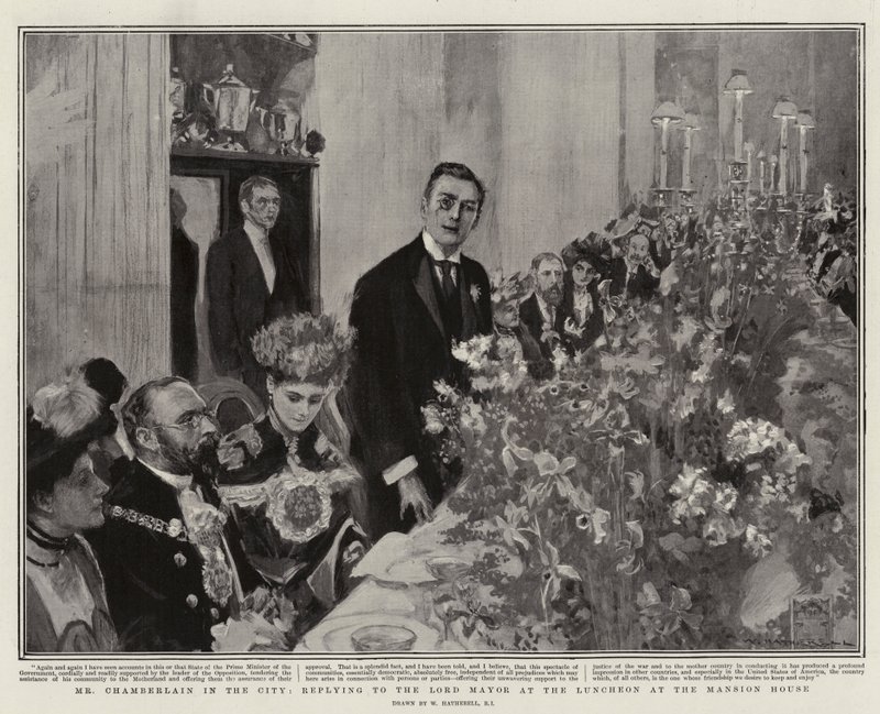Chamberlain kaupungilla vastaamassa lordipormestarille lounaalla Mansion Housessa. tekijältä William Hatherell