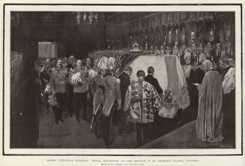 Kuningatar Victorian hautajaiset, kuninkaalliset surejat jumalanpalveluksessa St Georgen kappelissa, Windsor tekijältä William Hatherell