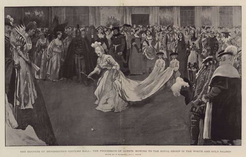 Devonshiren herttuattaren pukutanssiaiset, vieraiden kulkue kumartaa kuninkaalliselle ryhmälle Valkoisen ja kullan salongissa, 1897 tekijältä William Hatherell