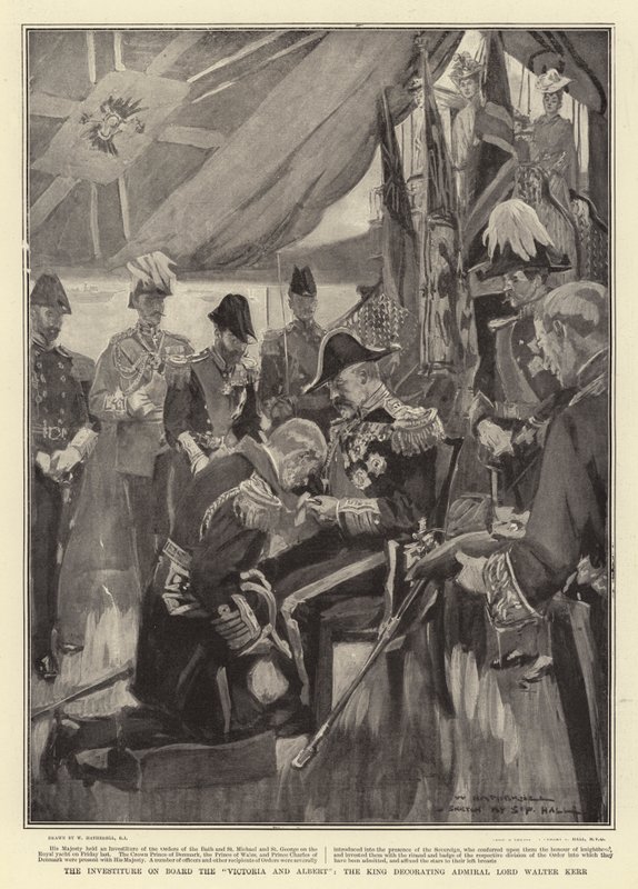 Investiture Victoria and Albert -laivalla, kuningas koristamassa amiraali Lordi Walter Kerria tekijältä William Hatherell