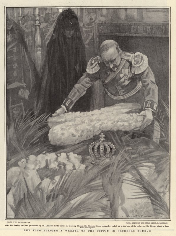 Kuningas asettaa seppeleen arkkuun Cronbergin kirkossa tekijältä William Hatherell