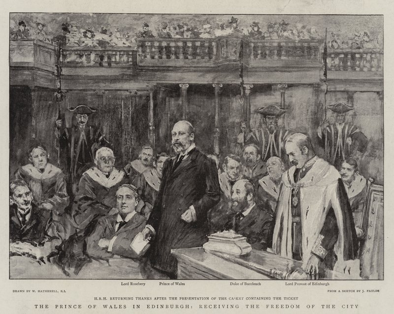 Walesin prinssi Edinburghissa vastaanottamassa kaupungin vapauden kunniamerkkiä. tekijältä William Hatherell