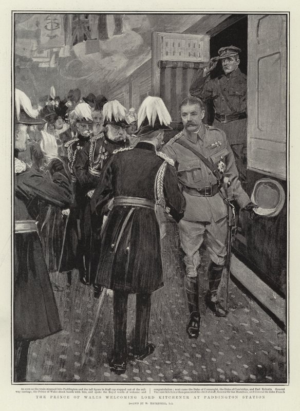 Walesin prinssi toivottaa Lord Kitchenerin tervetulleeksi Paddingtonin asemalla tekijältä William Hatherell