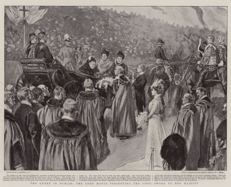 Kuningatar Dublinissa, lordipormestari esittelemässä kansalaismiekan Hänen Majesteettilleen tekijältä William Hatherell