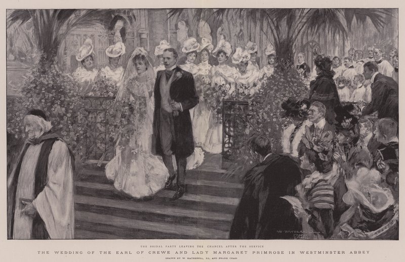 Crewen jaarlin ja Lady Margaret Primrosen häät Westminster Abbeyssa tekijältä William Hatherell