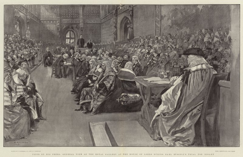 Hänen ikäisensä kokeillut, yleinen näkymä kuninkaallisesta galleriasta House of Lordsissa Earl Russellin Bigamyn oikeudenkäynnin aikana tekijältä William Hatherell