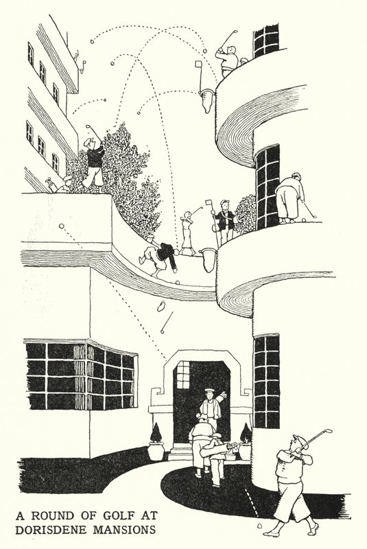 Golfkierros Dorisdene Mansionsissa (litho) tekijältä William Heath Robinson