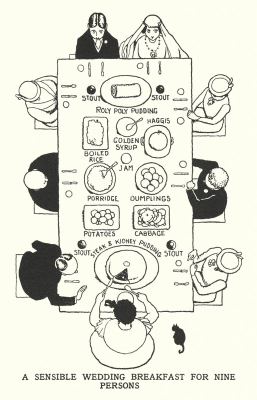 Järkevä hääaamiainen yhdeksälle hengelle (litho) tekijältä William Heath Robinson