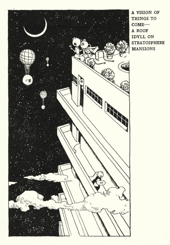 Visio tulevista asioista, katto-idylli Stratospheren kartanoissa (litho) tekijältä William Heath Robinson